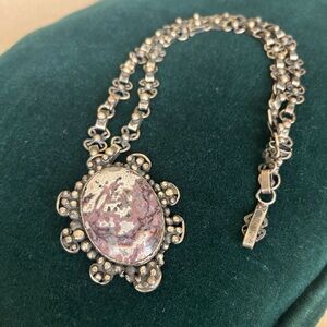 Vintage Solid Sterling Silver Handmade  Necklace Purple Cream Pendant